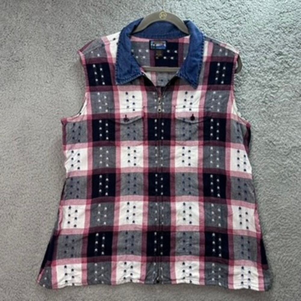 Vintage Shaver Lake Women's‎ XL Zip Up Sleeveless Top Vest Stars and Stripes USA